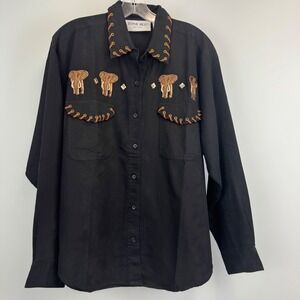 Zone Blu New York Elephant Embroidered Western Safari Black Cotton Shirt XL USA